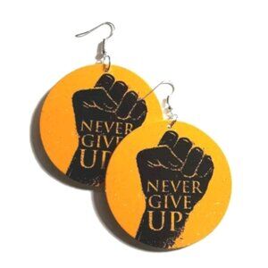 Never Give UP with Power Fist Medium Statement Dangle Wood Earrings